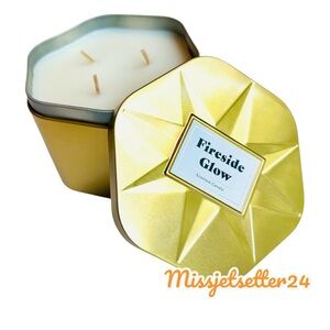 NEW Fireside Glow 3 Wick Lidded Metal Tin Candle 18oz Gold Threshold Tin